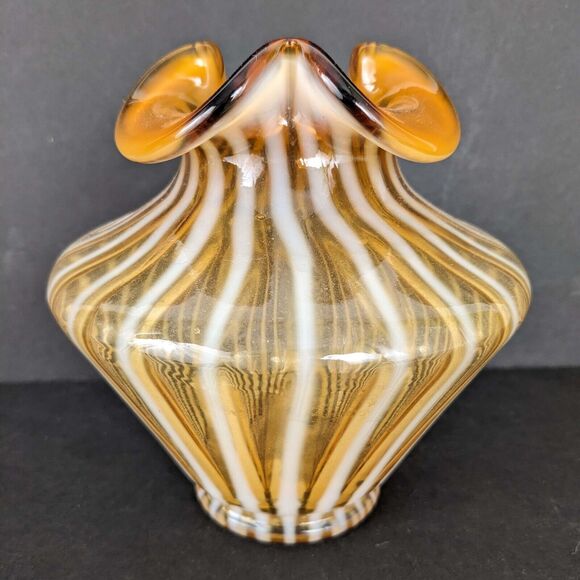Fenton Amber Gold 5" Glass Vase White Opalescent Striped Art Glass - Picture 4 of 7